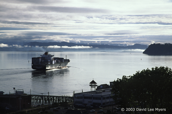 Container ship on the Columbia River, from Astoria, Oregon.